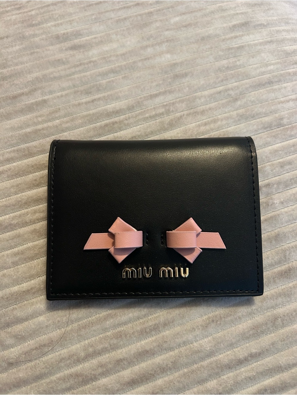 Miu Miu Black Leather Card & Key Holder with Pink Ribbon Bows